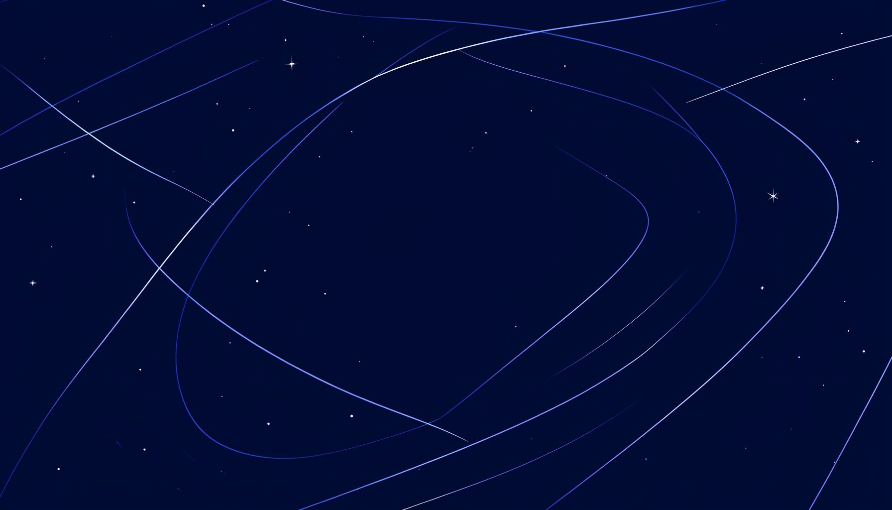 Тонкие белые линии звёзд и орбит на тёмно-синем фоне, холодное и спокойное космическое пространство